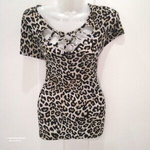 Diana Belle Sexy Stretch Pullover Rhinestone Leopard Criss-Cross Cut-Out Top S